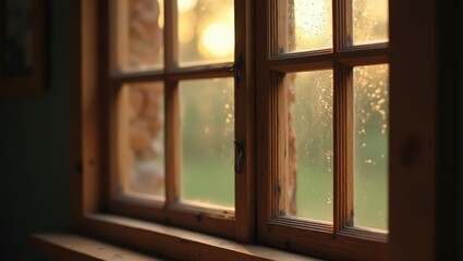 Wooden window frame with rain drops on the glass at sunset.
