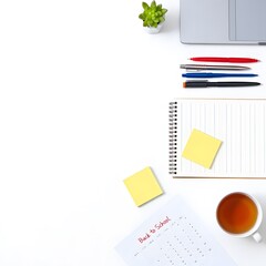 Clean White Desk Workspace: Laptop, Notebook, Pens, Tea, Calendar, Back to School Theme