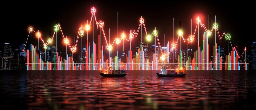 Nighttime cityscape with glowing stock market graphs and boats on water, symbolizing finance and investment activity