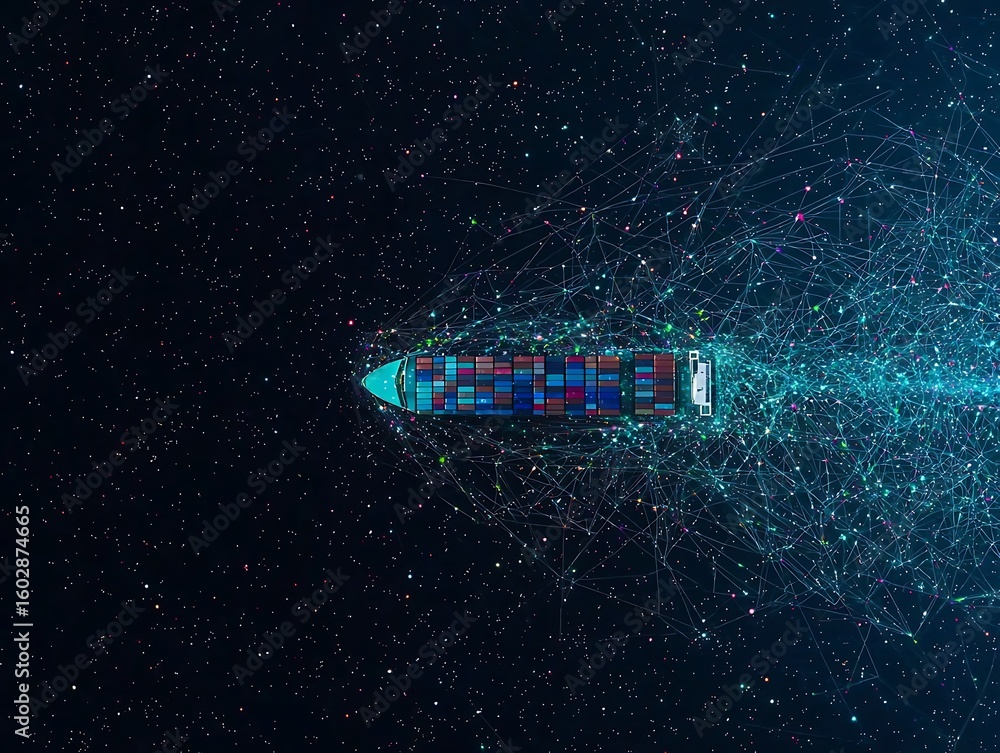 Poster futuristic container ship navigating through a digital network in outer space with stars and data co