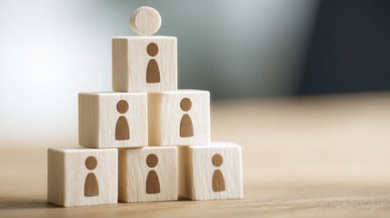 A wooden block tower with a person on top symbolizing collaborative equity strategy icon concept for leadership and growth