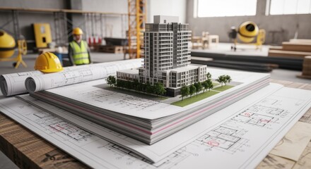 Elevated perspective of building replica set on top of layered architectural schematics in job site environment.