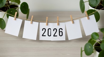 Year 2026 displayed prominently on paper cards clipped to a clothesline with blank cards and green plants date future new year planning time calendar celebration