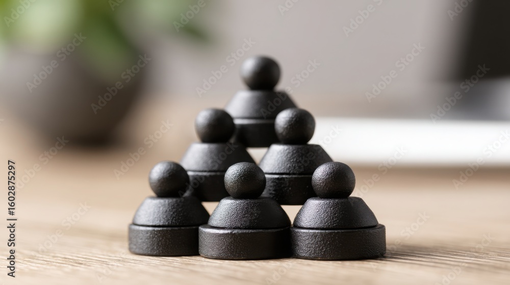 Poster a carefully arranged pyramid of rocks on a table symbolizing stability and structure in organization