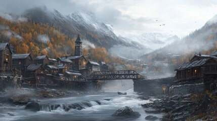 Misty mountain village, autumnal hues, wooden structures, flowing river