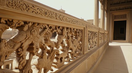 Ornate, light beige stone balustrade, intricate carvings of mythical creatures and plants