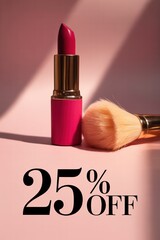 Bold magenta lipstick and soft brush displayed with promotional discount in a sleek setting