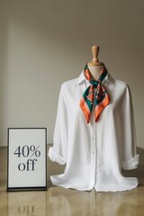 White shirt displayed on a mannequin with a colorful scarf and a sign announcing a discount promotion in a boutique setting