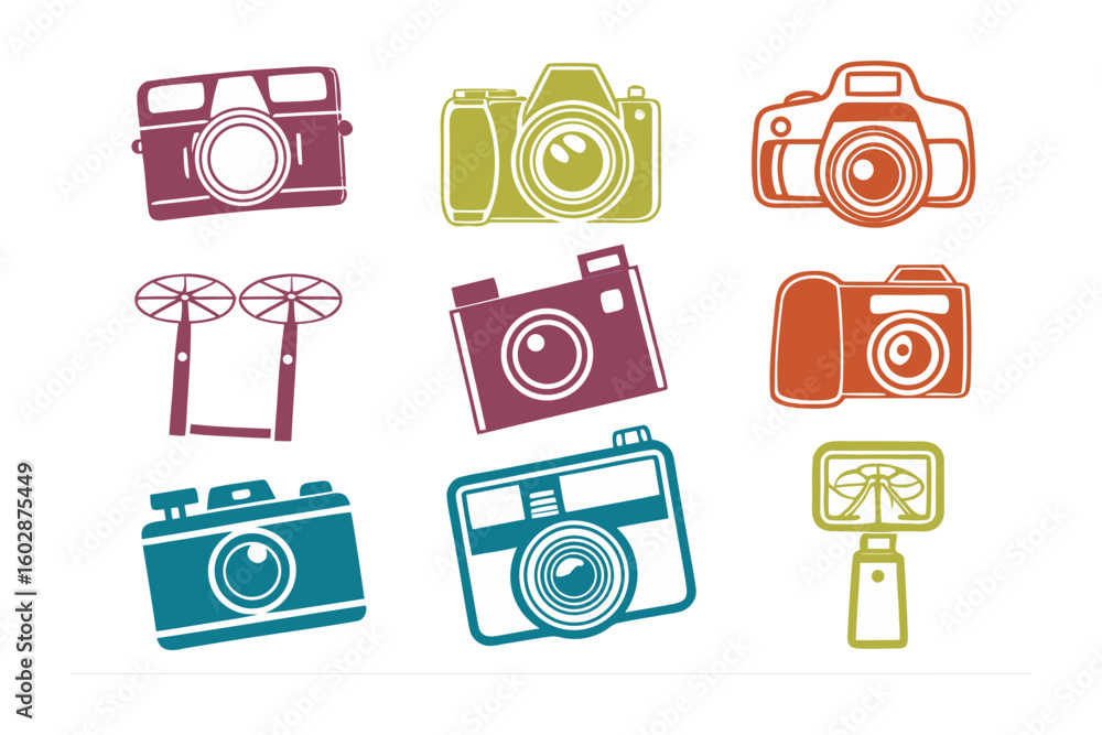 Aufkleber collection of nine colorful hand drawn retro camera illustrations with a distressed texture on a whi