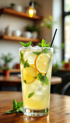 Close-up of frosted lemonade with mint on wooden table in cozy café setting.

