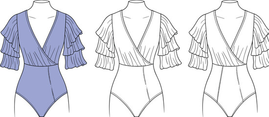 Layered ruffle sleeve bodysuit design, deep V-neck wrap front, trendy women's one-piece fashion, flat technical fashion drawing illustration