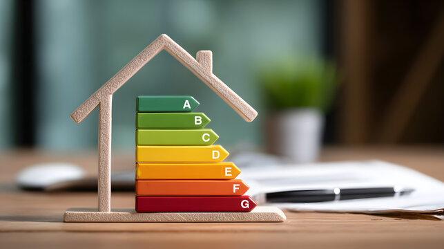 Diagnostic de performance &eacute;nerg&eacute;tique (DPE) d'une maison sur un bureau moderne avec des documents en arri&egrave;re-plan
