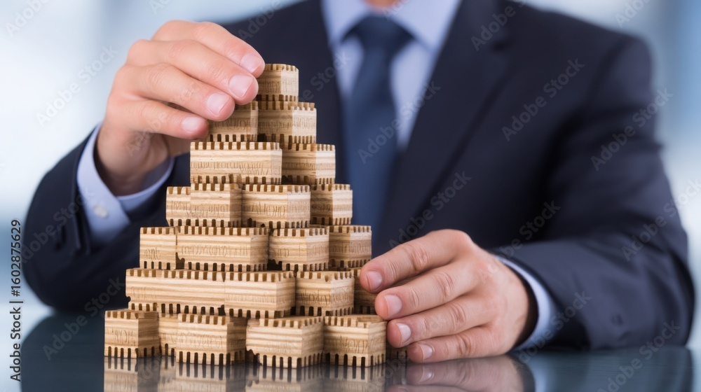 Poster man skillfully balancing a stack of wooden blocks demonstrating strategic thinking in organizational