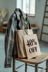 Leather jacket and tote bag displayed with a discount sign in a stylish retail space during the afternoon