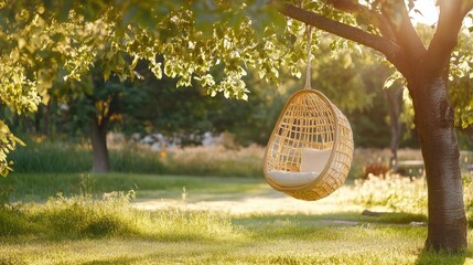 Woven hanging chair in sunny garden
