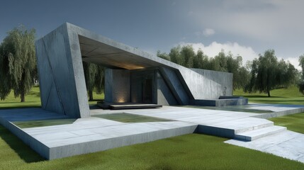 Modern concrete pavilion nestled in a verdant landscape, featuring a minimalist design with clean lines and a water feature.  It's a serene setting with a stage-like area