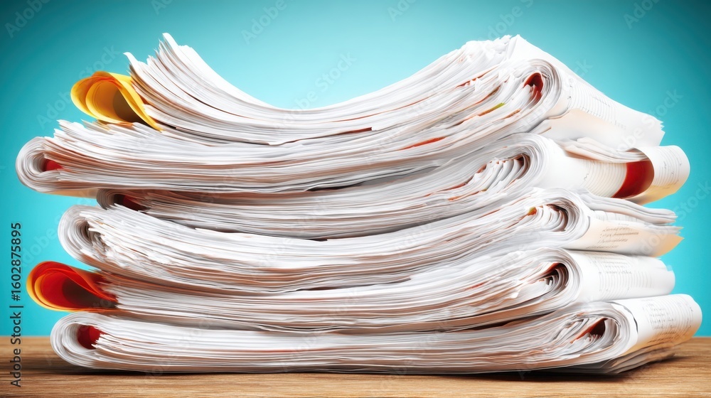 Poster neatly stacked newspapers representing payroll file icon concept symbolizing information and current