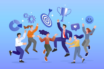 Team success and collaboration concept. A group of colleagues celebrating a victory with a large trophy.