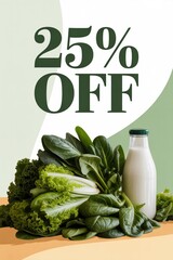 Discount on fresh produce and dairy products in a grocery store with a vibrant display of greens and milk