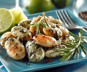a bright plate of cooked legumes is presented, liberally seasoned with green herbs. a sprig of a flavorful evergreen herb lays atop the legumes, next to a piece of silverware