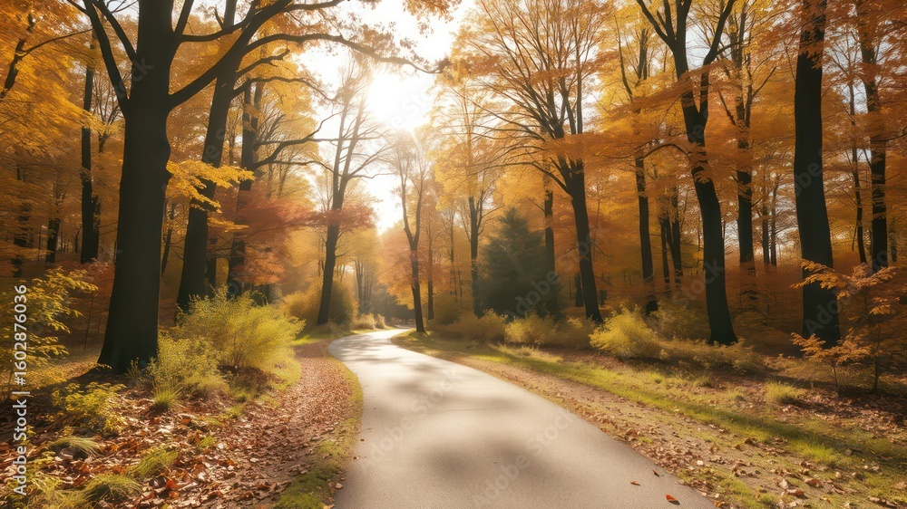 Poster a tranquil autumn scene showcasing a curving pathway through a forest of trees displaying colorful f