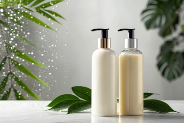 a sleek and modern hair care product display featuring a bottle of shampoo and conditioner with elegant packaging, placed on a minimalist white surface. 