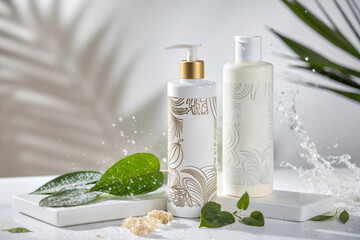 a sleek and modern hair care product display featuring a bottle of shampoo and conditioner with elegant packaging, placed on a minimalist white surface. 