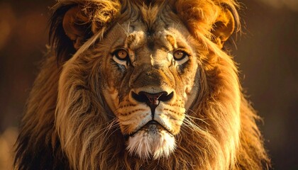 Majestic lion close-up with intense golden eyes and textured mane, captured in dramatic lighting and stunning detail. A bold wildlife portrait with raw emotion and realism.
