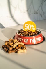Special discount on dog treats highlighted with colorful sign during Day of the Dog celebration