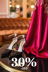 Elegant black patent heels positioned beside a luxurious pink dress in a stylish boutique promoting a special discount offer