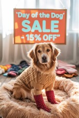 Golden retriever in cozy sweater and socks sitting on a fuzzy mat during dog sale event in a brightly lit indoor space