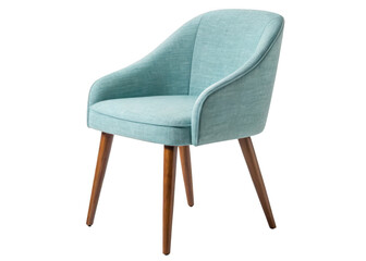 Modern light blue upholstered accent chair with wooden legs isolated on transparent background
