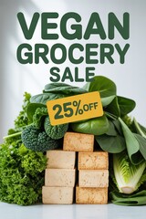 Grocery sale featuring fresh greens and tofu with attention-grabbing discounts on vegan products at a local market
