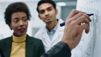 Diverse research team collaborating on a whiteboard formula close-up. - Powered by Adobe
