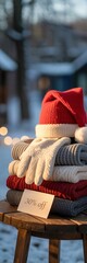 Cozy winter apparel with discounts displayed outdoors in a frosty landscape during a sunny afternoon
