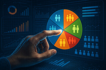 Data analysis and target audience concept with hand touching digital pie chart illustrating population segments and business statistics