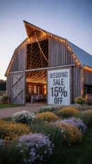 Beautiful barn venue decorated for wedding event during sunset with sale sign in front of flowers