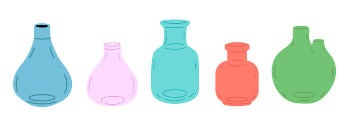Set of simple glass vases in pink, green, red and blue shades with minimalist rounded shapes