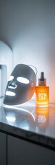 Skincare routine featuring a glowing face mask and vitamin C serum in a modern bathroom during daylight