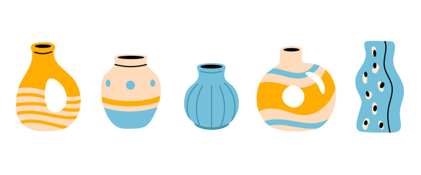 Collection of colorful ceramic vases in yellow and blue tones with abstract shapes and modern designs
