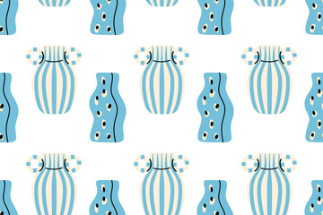 Pattern with alternating ceramic vases in blue stripes and organic dot details on white background