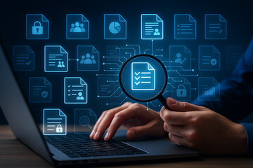 Digital document analysis and file search system interface with magnifying glass and glowing data files icons on futuristic laptop screen