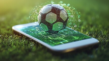 Futuristic football concept with a digital ball and a smartphone on grass
