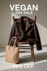 Vegan fashion sale at a stylish location featuring a leather jacket and woven bag with discount details clearly displayed