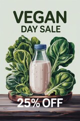 Vegan milk sale promotion featuring leafy greens on a wooden table with a discount announcement