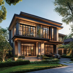 Fototapeta premium Modern Two Story Luxury House with Stone Facade and Evening Lighting