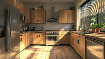 Fototapeta premium Modern Wood Kitchen Interior with Sunlight and Stainless Steel Appliances