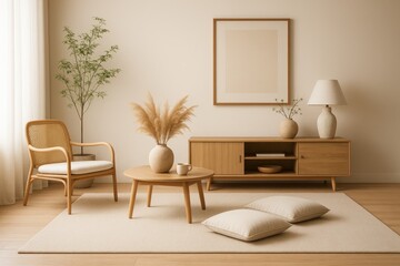 Minimalist living room with natural wood furniture potted plant and decorative items