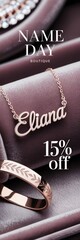 Delicate jewelry display featuring personalized name necklace and elegant ring with a discount promotion for a boutique sale