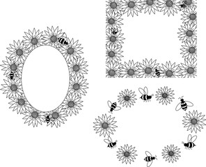 Sunflower and bees Honey oval rectangle frame set. Vector graphic line illustration. Sunflower graphic collection for packaging, decor. Petals frame,black silhouette isolated on white background